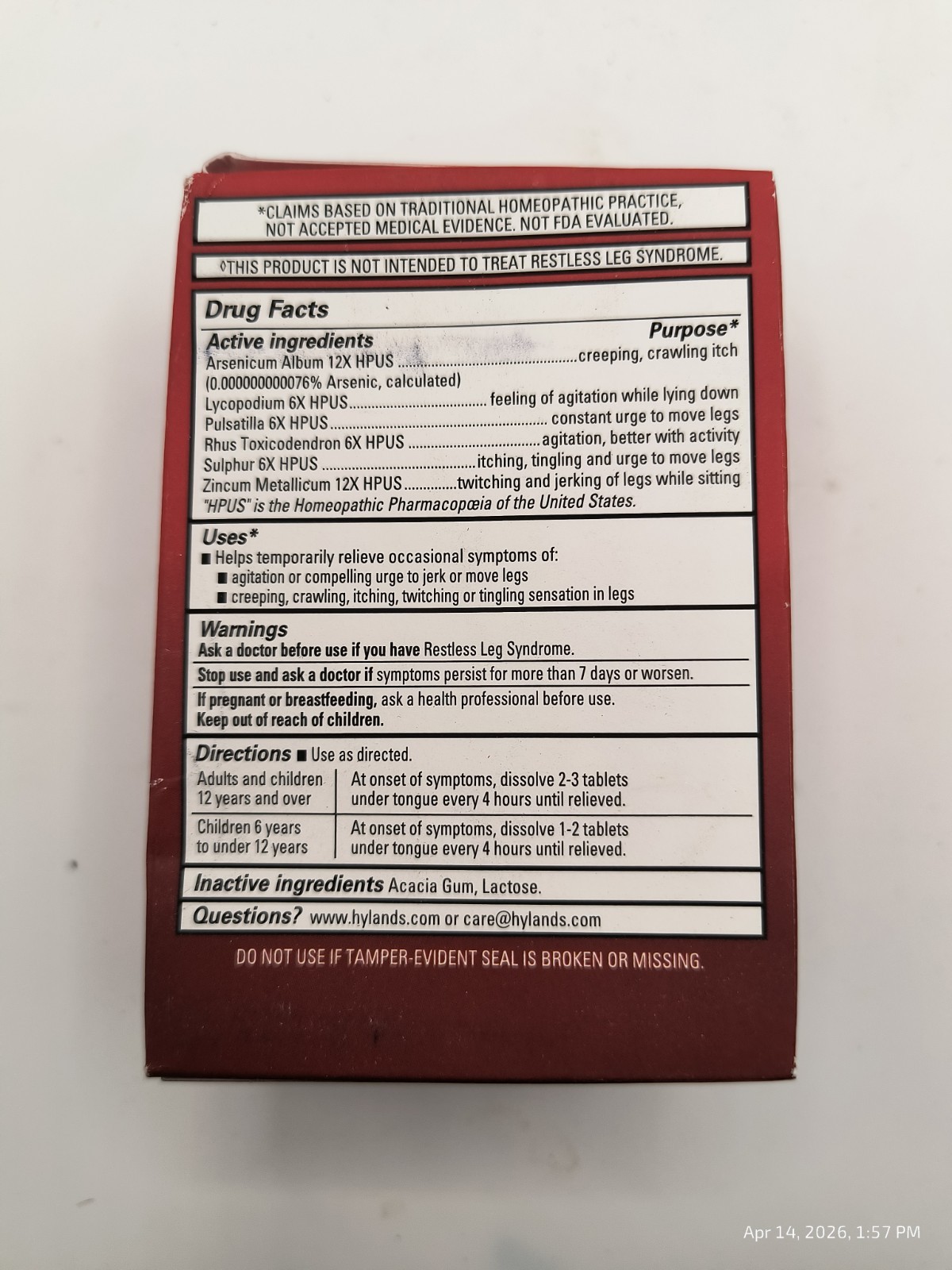 Hyland’s Restful Legs Quick-Dissolving 50 Homeopathic Tablets Crawling Ex 10/26