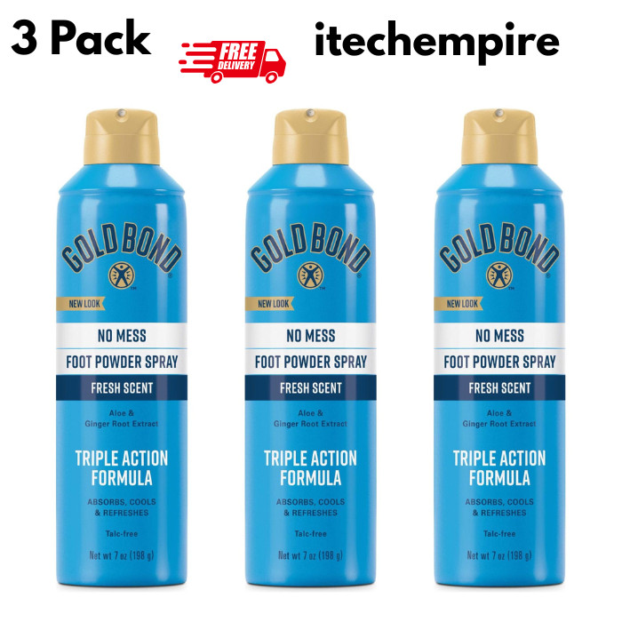 3 Pack Gold Bond No Mess Talc-Free Foot Powder Spray 7 Oz Fresh Scent 198g Each