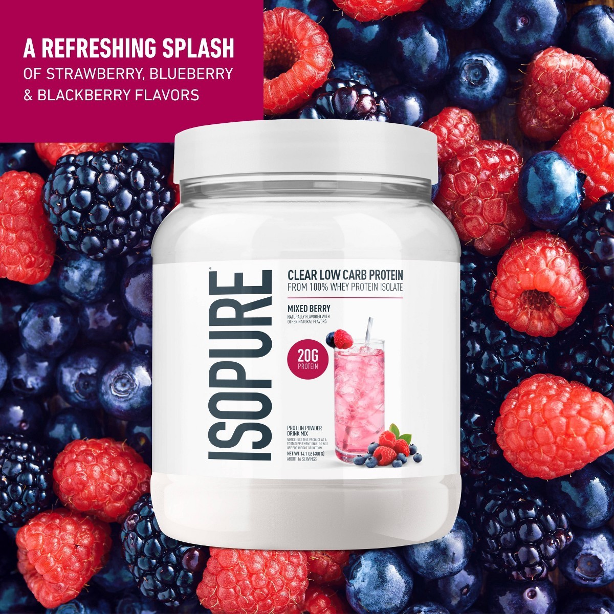 Isopure Clear 20g Whey Isolate Protein Powder – Mixed Berry – 16 Servings-14.1oz