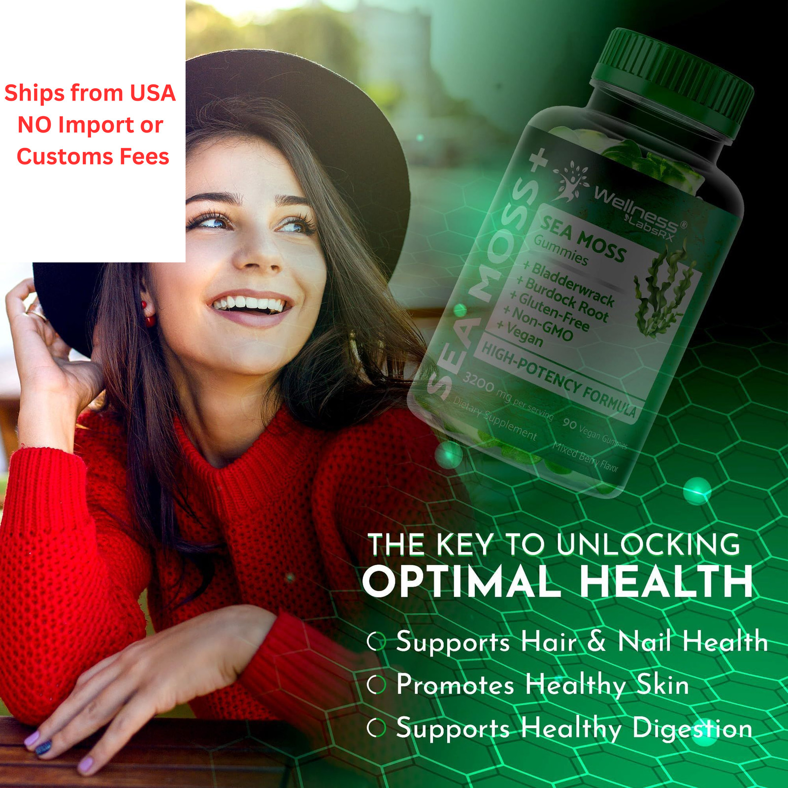 WELLNESS LABSRX Sea Moss Gummies, 3200mg Irish 90 Count (Pack of 1)
