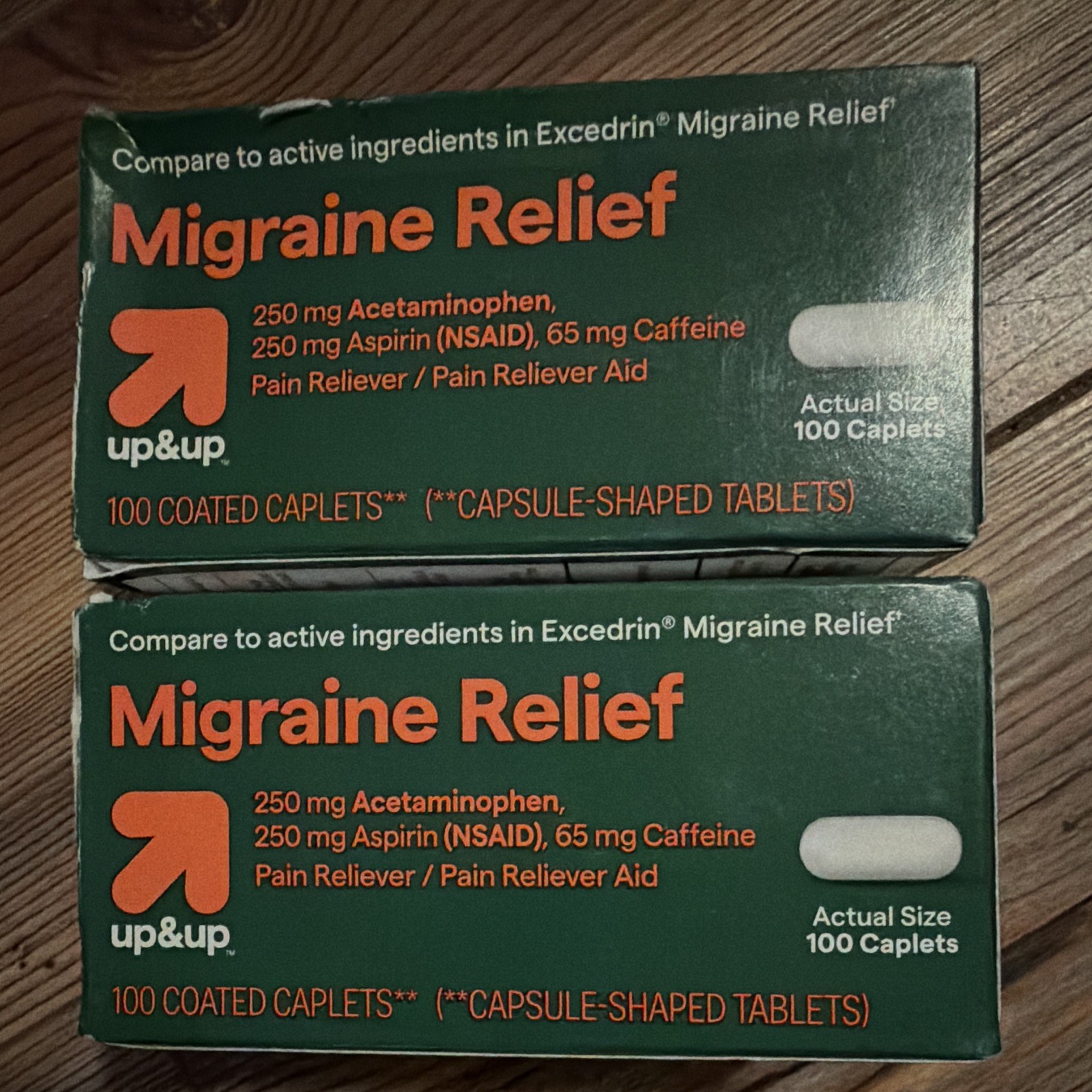 (2) up&up Migraine Relief Coated Caplets 100 Ct 250/250/65mg Pain Reliever