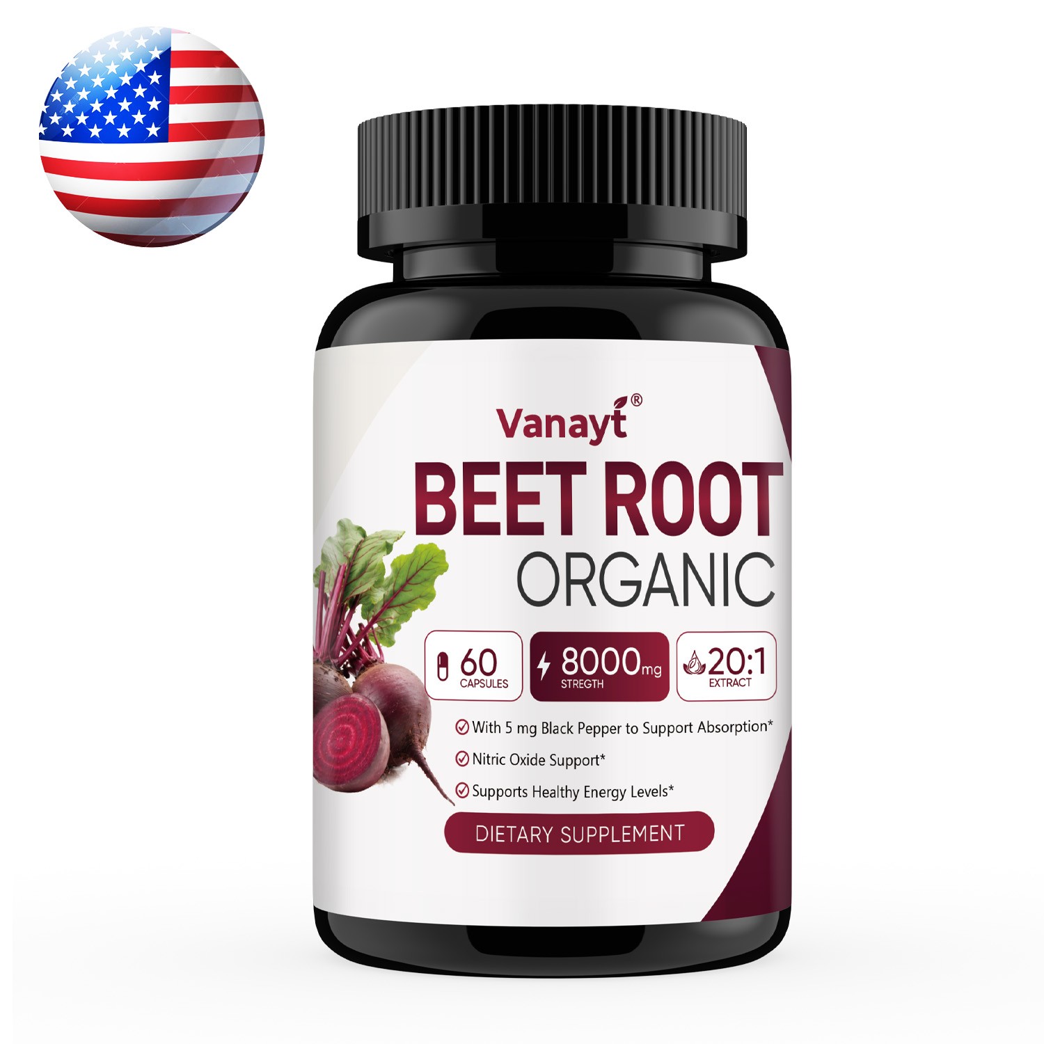 Organic Beet Root with Black Pepper Nitric Oxide Energy Circulation Support 60Ct