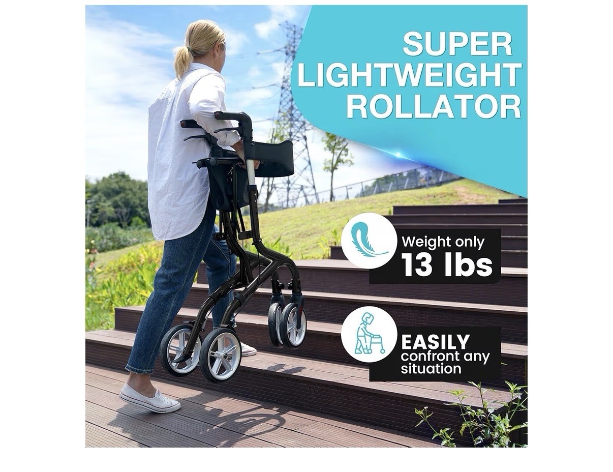 Planet Walk Rollator Walker Super Lightweight Foldable Seat 8” Wheels 300Lb