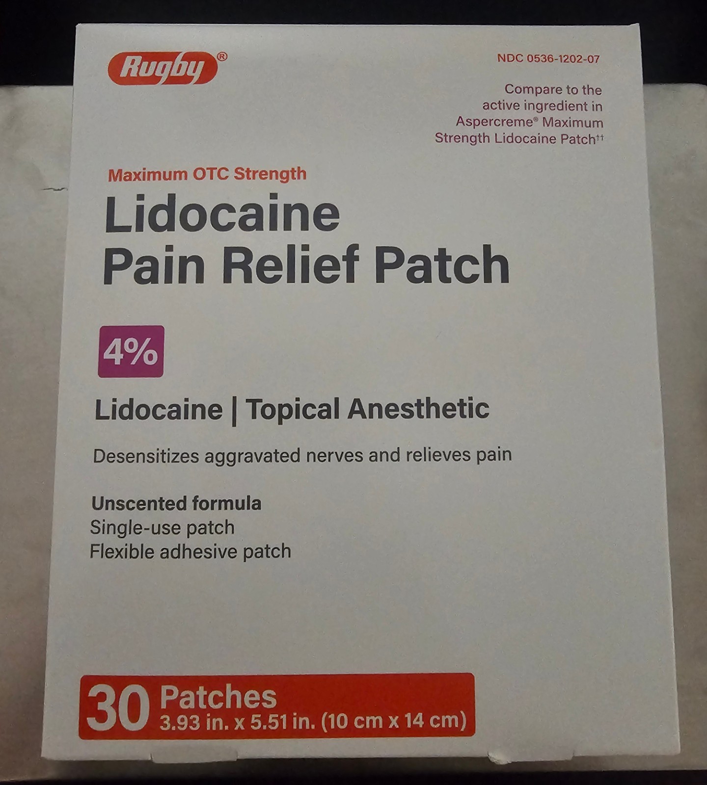 Rugby Maximum Strength Lidocaine Pain Relief Patch 4% – 30 Count – Brand New