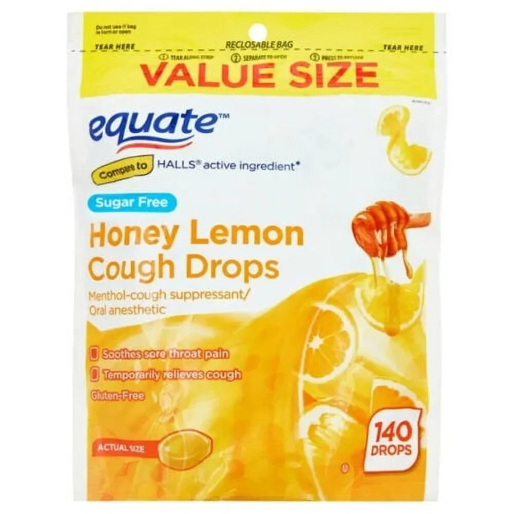 Equate Value Size Sugar Free Honey Lemon Cough Drops with Menthol, 140 Ct x 2PK