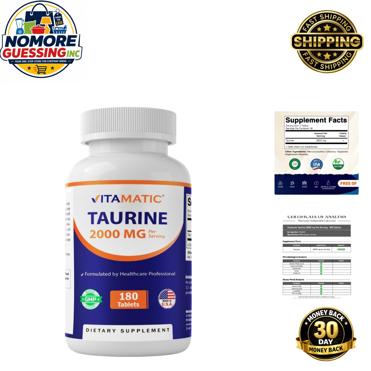 Non-GMO Gluten Free Taurine Tablets 180 Count – Supports Brain & Heart Function