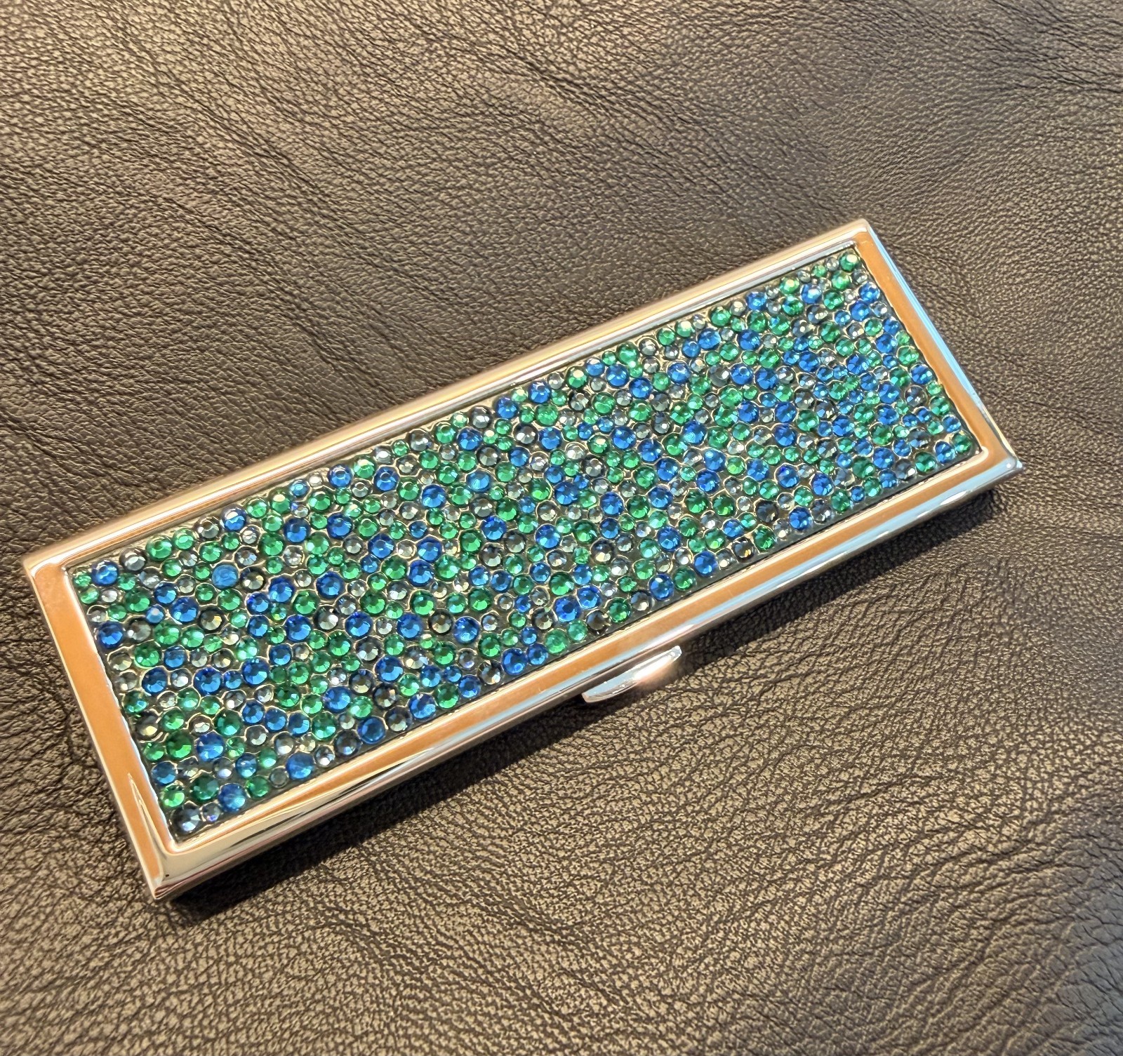 Judith Leiber 2010s Compact Pocket Mirror w/ Green & Blue Crystals w/ Dust Bag