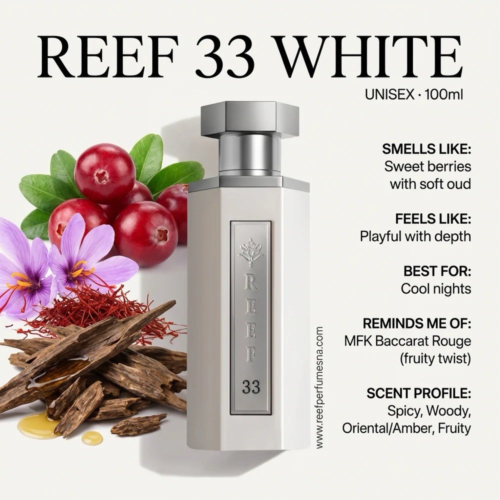 REEF 33 White Unisex Fragrance Spray 100 ml Sweet Berries Oud Woody