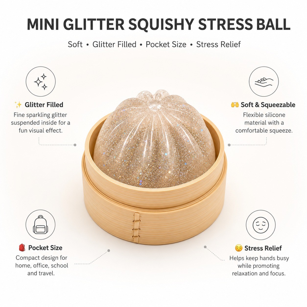 Mini Glitter Squishy Stress Ball Soft Dumpling Fidget Toy Anxiety Relief Random