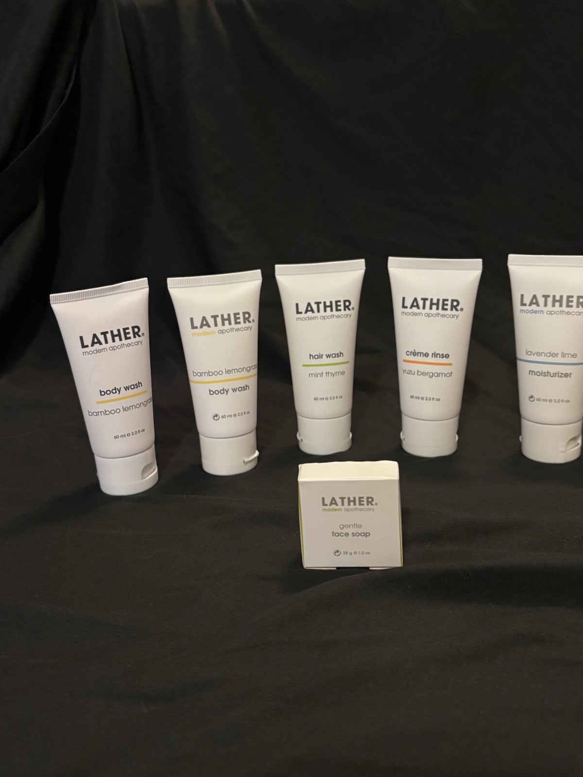 LATHER Travel Toiletries Set Body/Hair Wash Crème Rinse Face Soap Lavender
