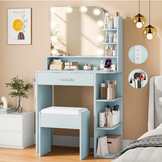 NEORIVER Vanity Desk Set LED Mirror Bench Charging Station 6 Shelf Blue