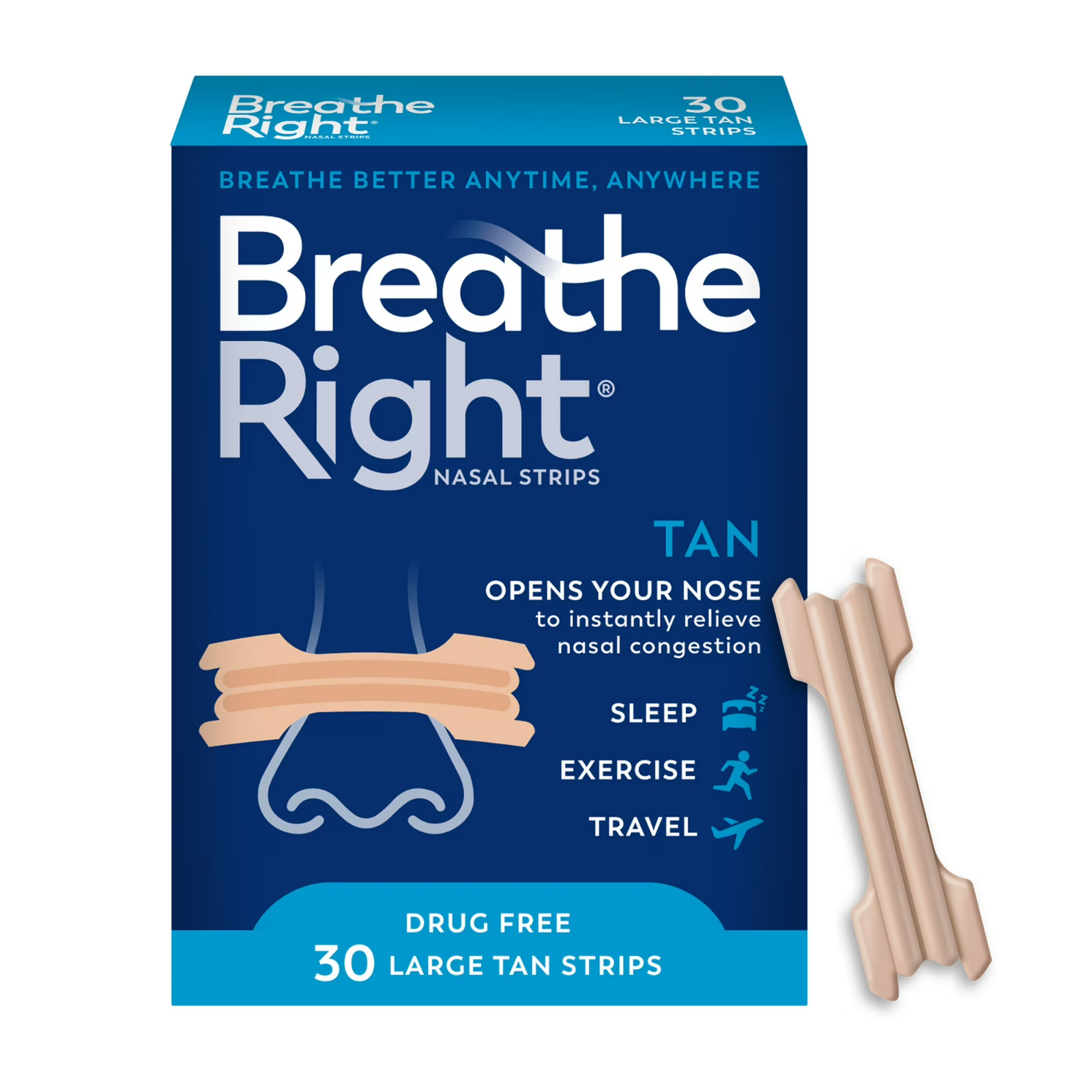 Breathe Right Original Nasal Strips, Tan Nasal Strips, Large, 30 Count