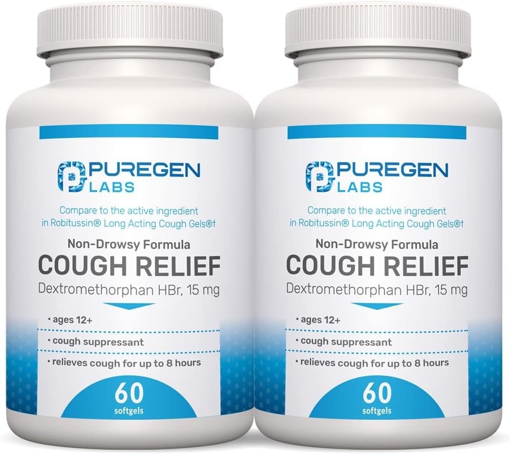 P Puregen Labs Cough Relief for Adults Dextromethorphan HBr 15mg (120 Softgels)