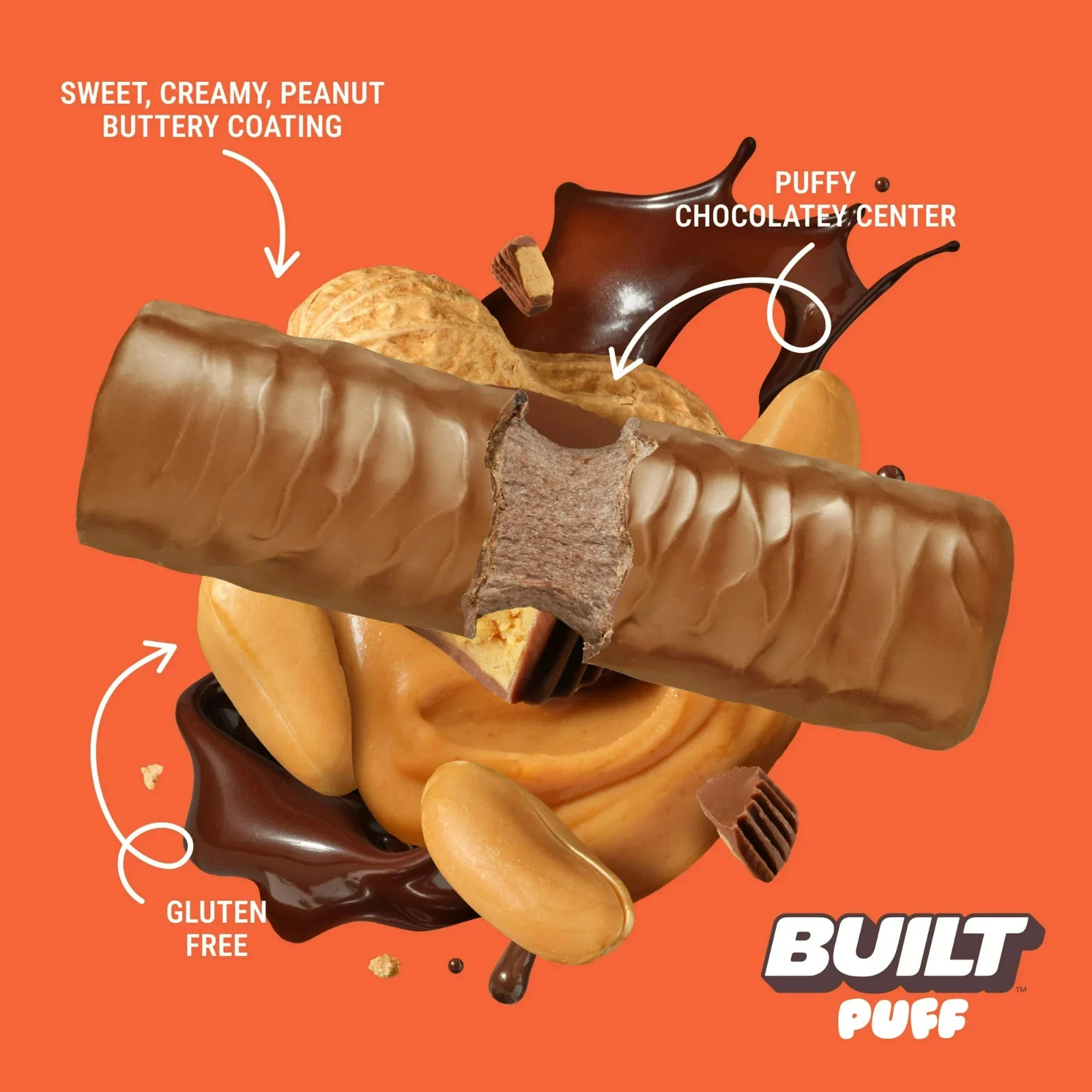 BUILT Puff Protein Bar, Peanut Butter Cup, 15g Protein, 4 Count Box, 1.55 oz