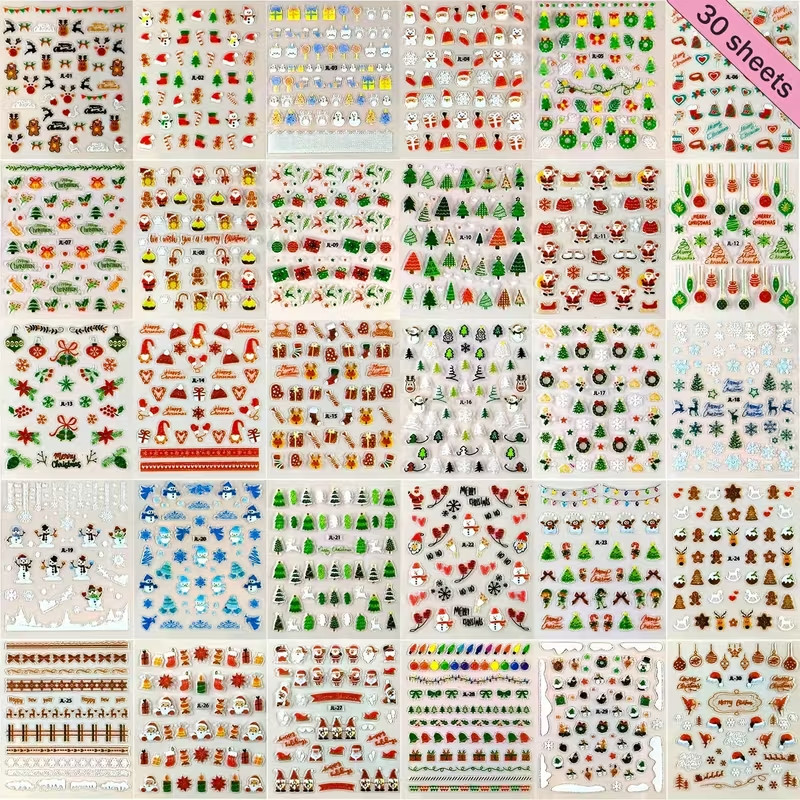10 Sheets 3D Christmas Nail Art Stickers Set Xmas Deer Winter DIY Nail Decoratio