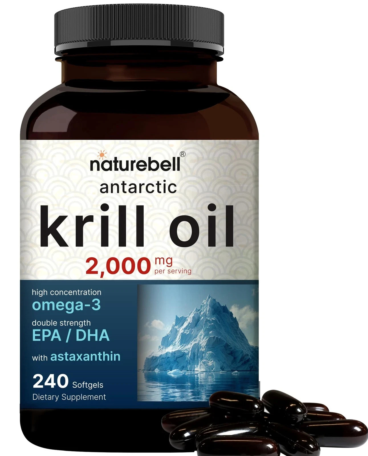 Antarctic Krill Oil 2000mg Supplement, 240 Softgels, 3X Strength Natural Source