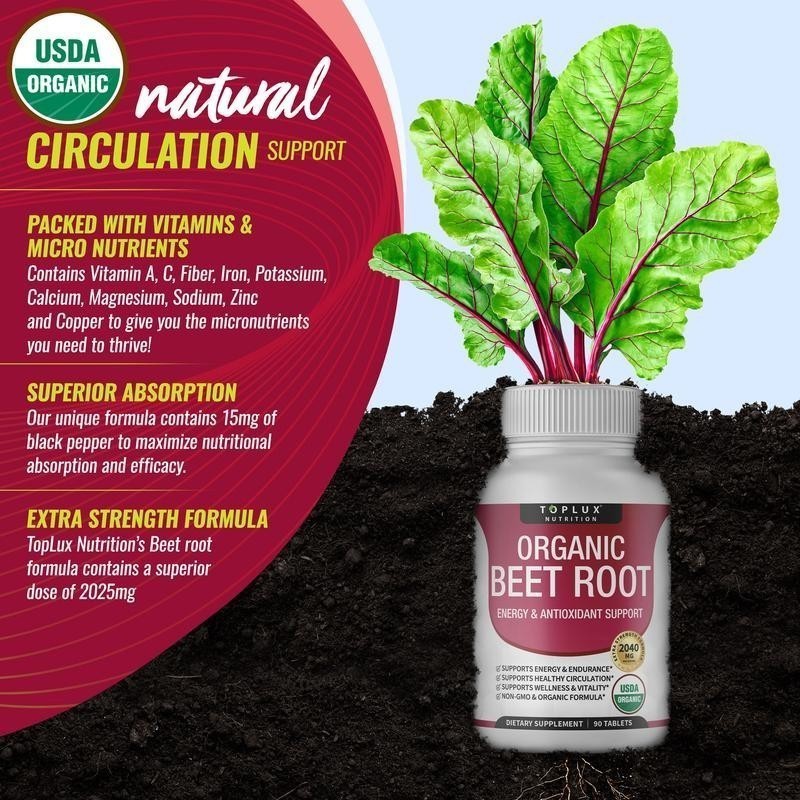 TopLux Organic Beet Root 2040mg – 90 Tablets – Energy, Circulation Antioxidant &
