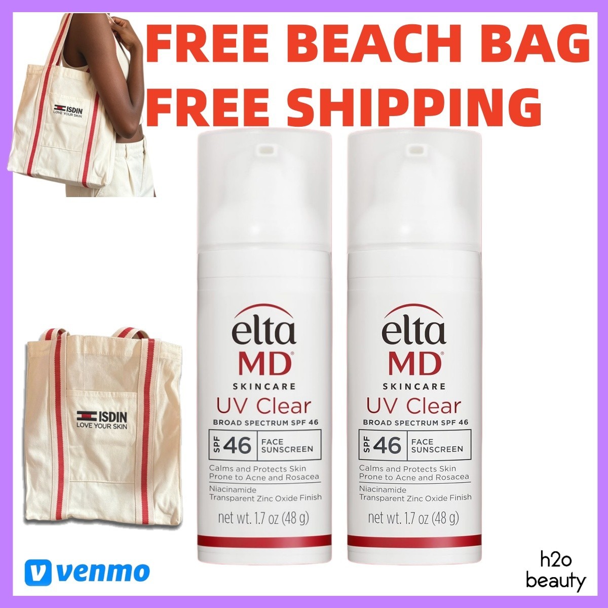 2Pcs Elta MD UV Clear Broad-spectrum Facial Sunscreen SPF46 1.7 oz EXP 10/27+BAG