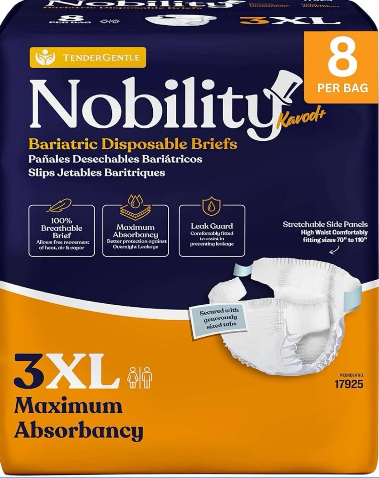 TenderGentle Nobility Kavod+ Incontinence Briefs 3XL Max Absorbency White 8/Bag