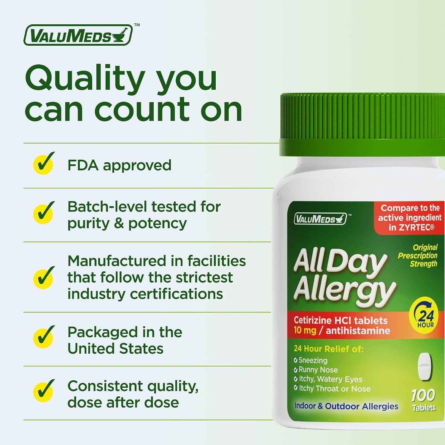 ValuMeds 24-Hour Allergy Medicine Antihistamine with Cetirizine HCl 10mg Caplets