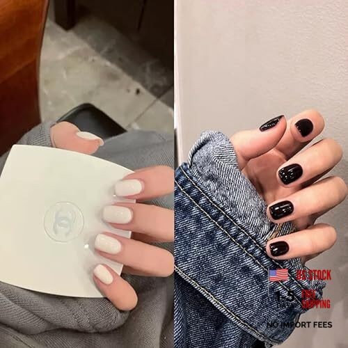 48pcs Short Square Press On Nails in Black & White Fake Nails, Reusable with