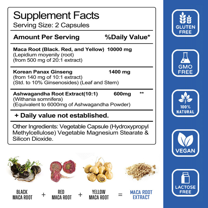 Maca Root 120 Capsules 10,000mg With Panax Ginseng, Men & Women Energy Stamina