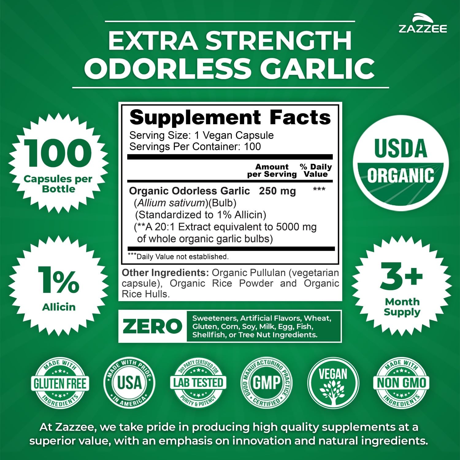 USDA Organic Odorless Garlic 201 Extract, 1% Allicin, 100 Vegan Capsules, 3+ …