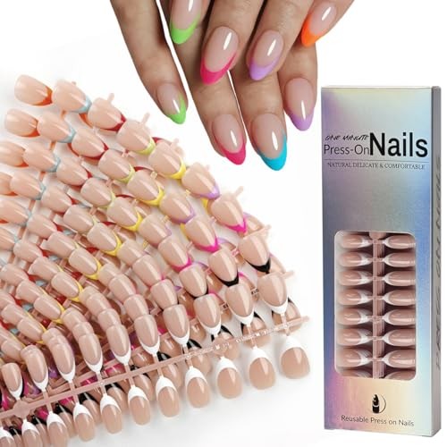 9 Colors French Tip Press on Nails Short Almond Fake Nails French Nails Style-8