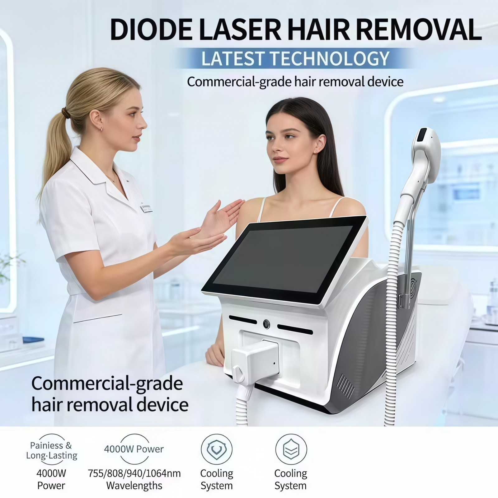 Professional 4-wavelength diode laser hair removal device CE certification