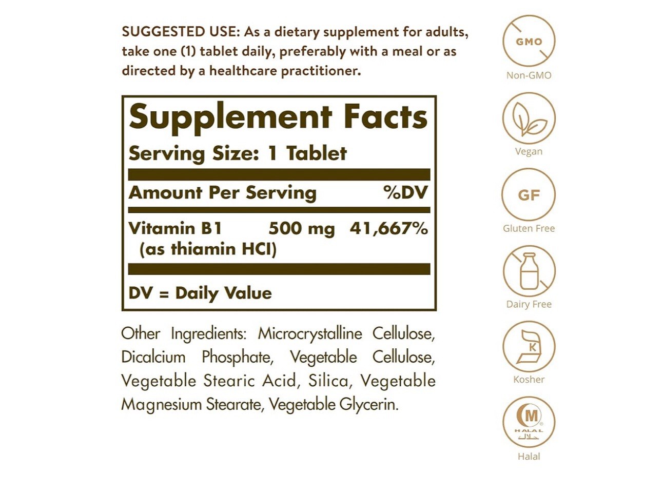 Solgar Vitamin B1 (Thiamin) 500mg Dietary Supplement (100 Tablets) Exp 11/2027
