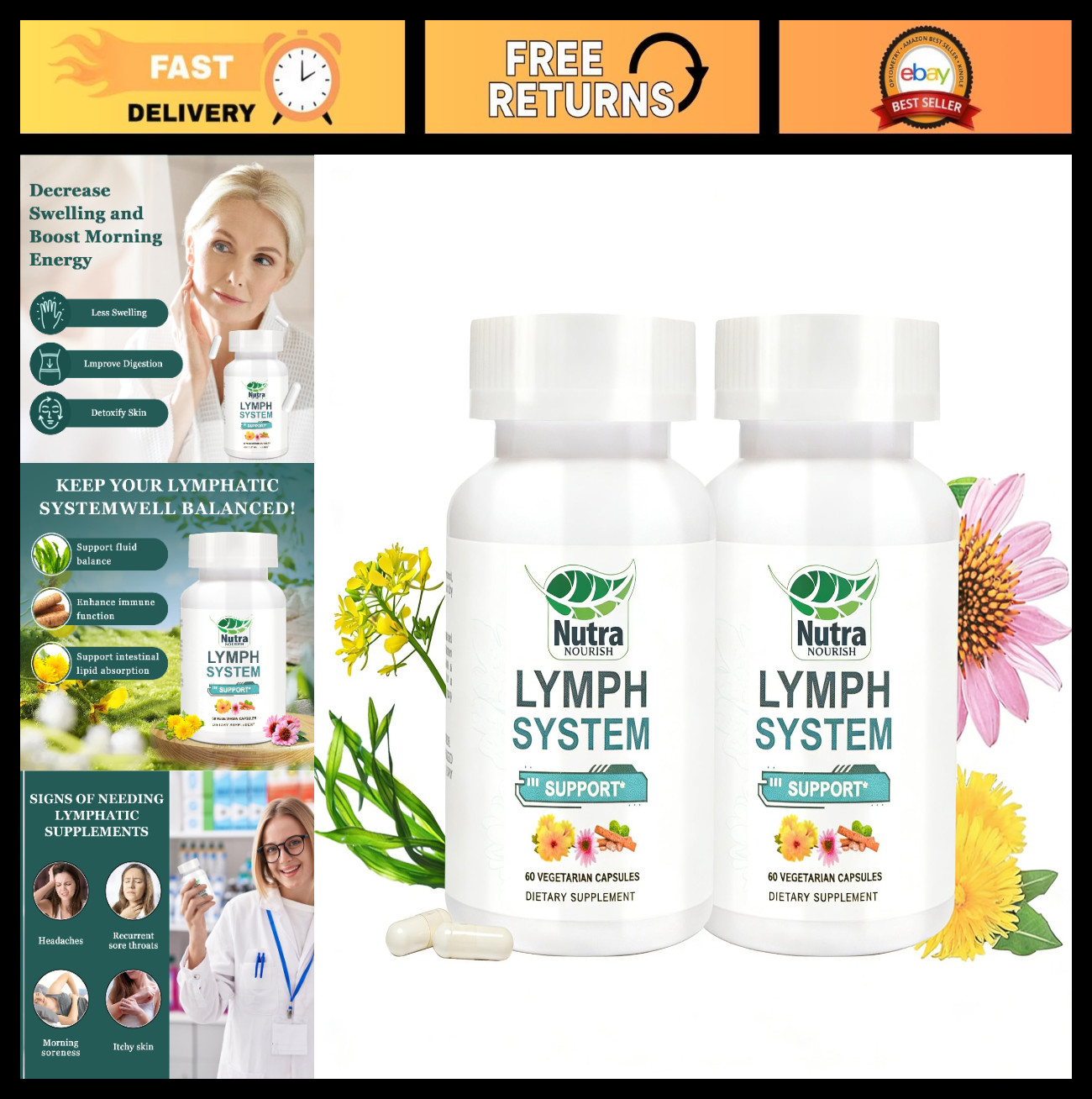 Lymphatic Drainage Supplements with Dandelion, Echinacea & Bromelain – 120 Count