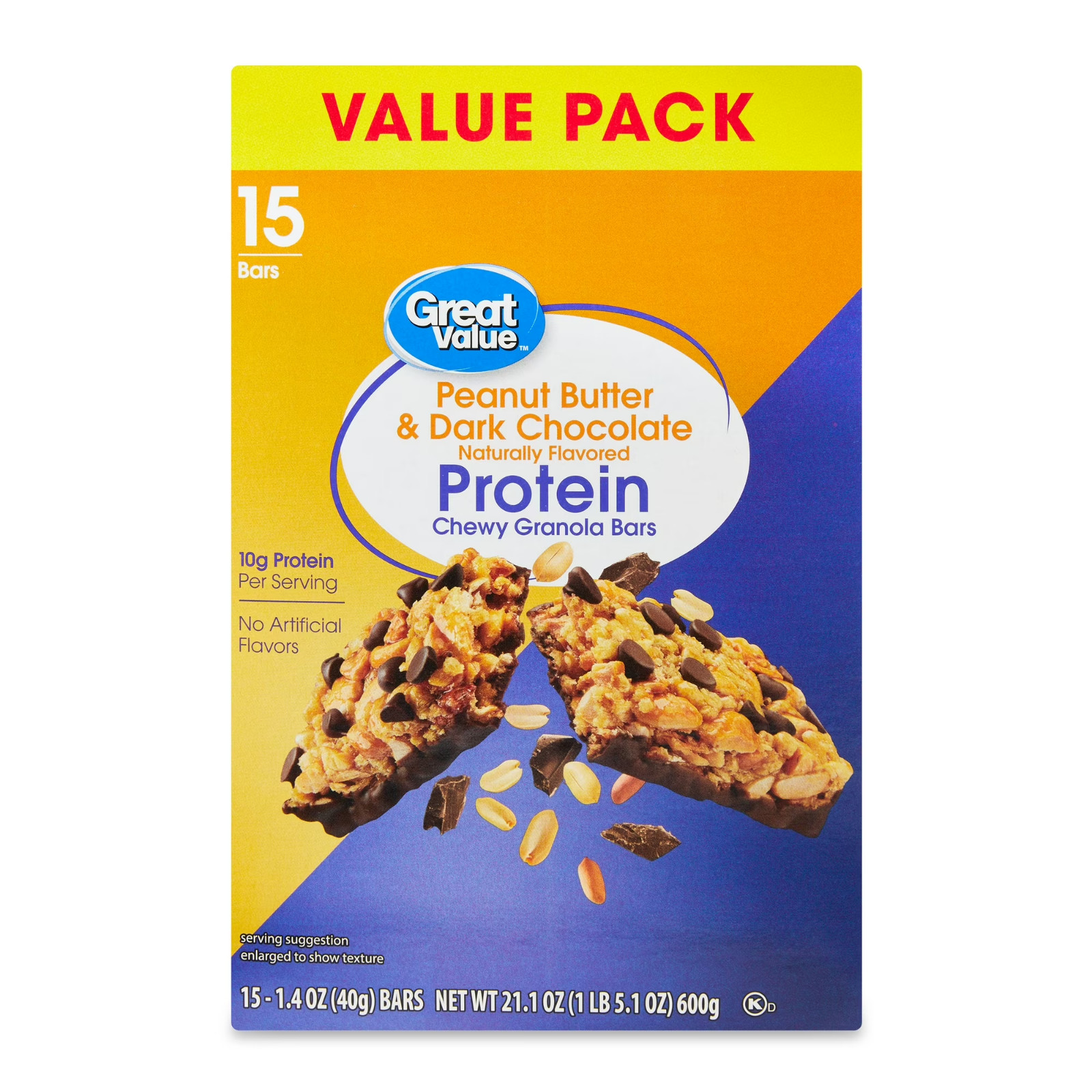 Great Value Peanut Butter and Dark Chocolate Protein Bars, 21.1 oz, 15 Count