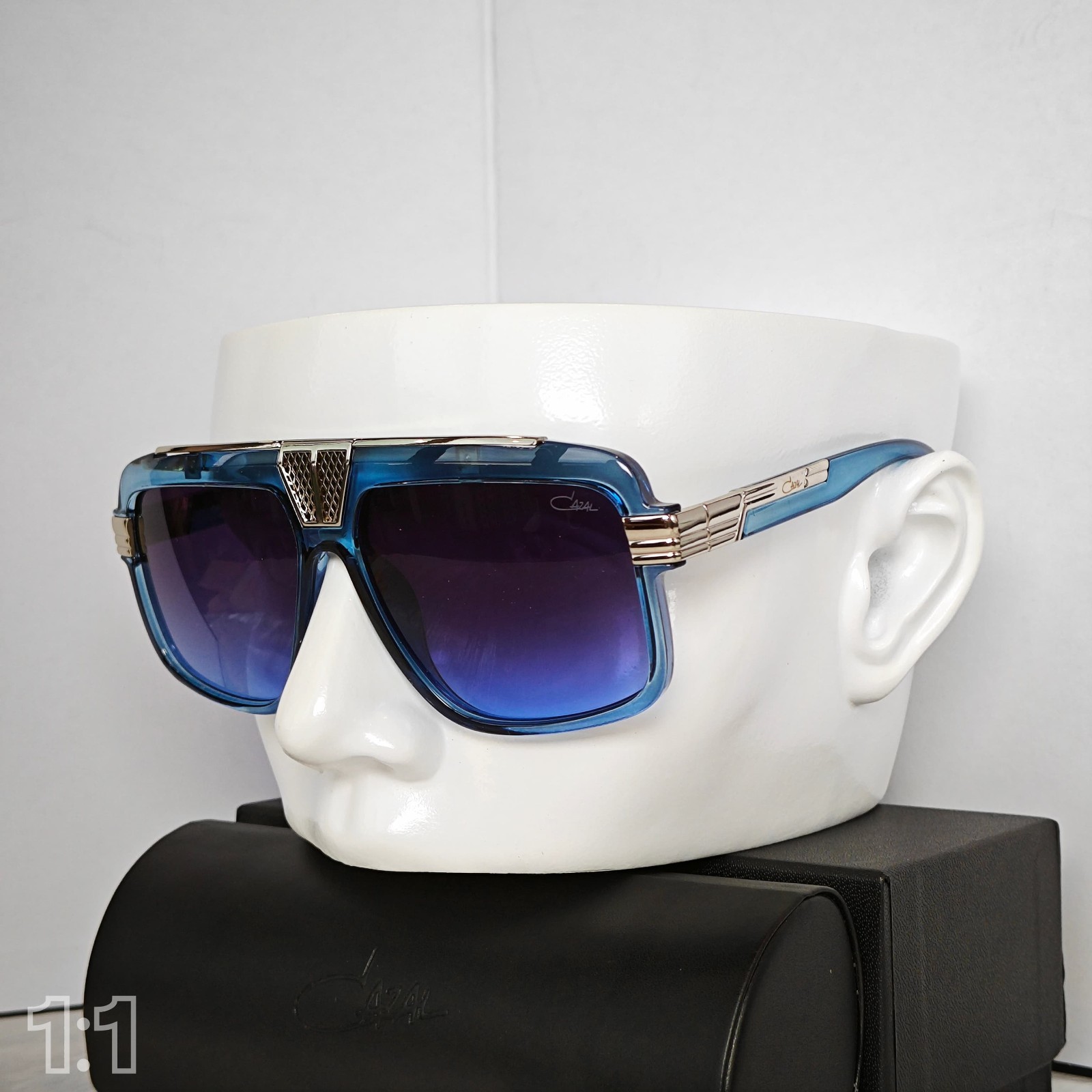 Cazal Sunglasses Blue Silvery Frame Blue Lens Men’s Women’s Eyewear UV400 + Case
