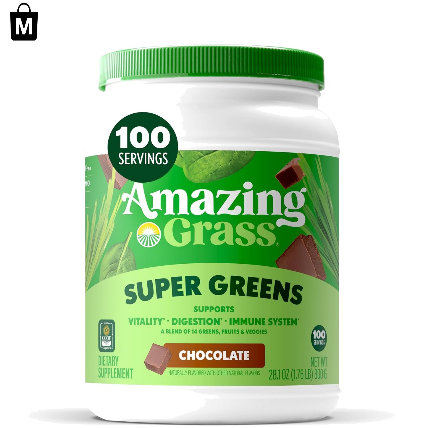 Greens Blend Superfood Powder – 100 Servings of Organic Spirulina & Chocolate