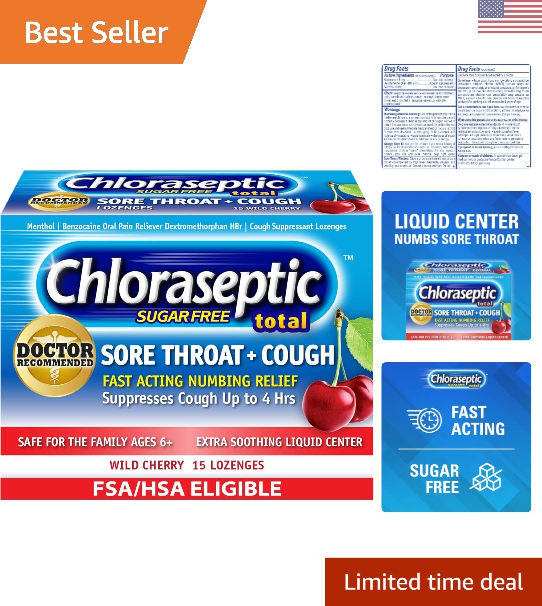 Chloraseptic Total Sore Throat + Cough Lozenges, Sugar-Free Wild Cherry Flavor,