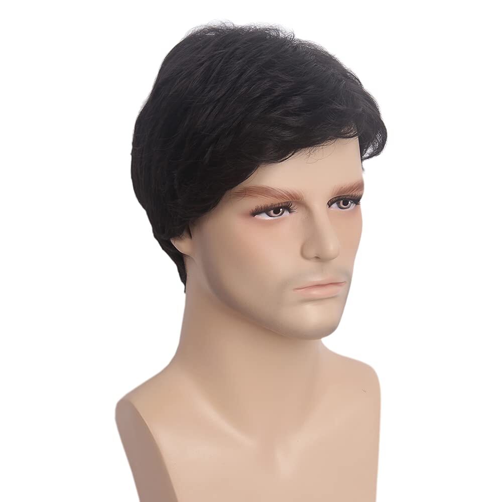 Handsome Adult Men Short Wavy Wig Natural Black Cosplay Party Layered Full Hair