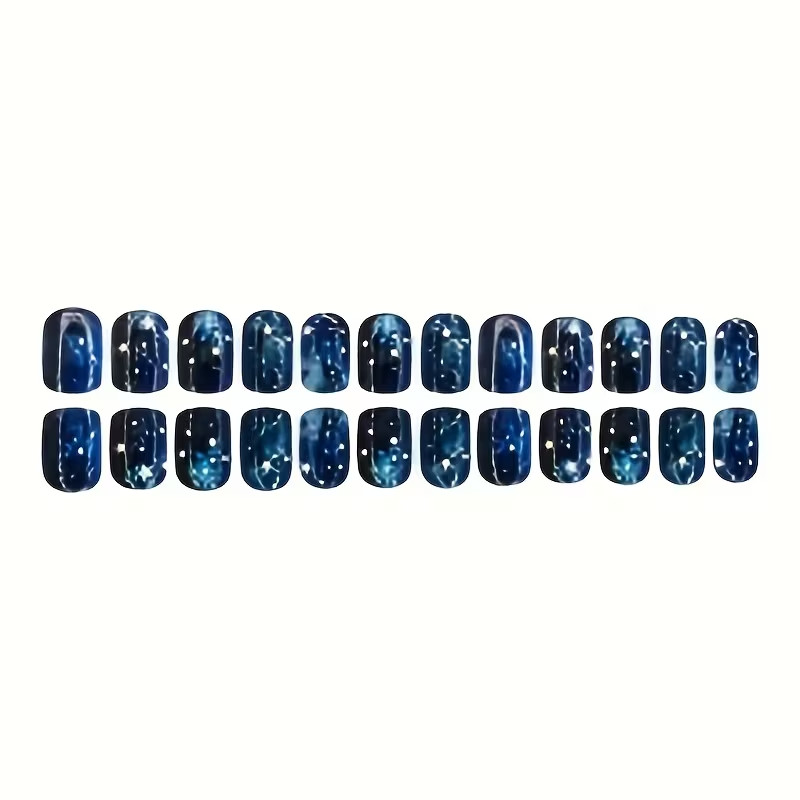 24pcs Square Press-On Nails, Medium, Blue Galaxy Starry Sky, Events, Everyday