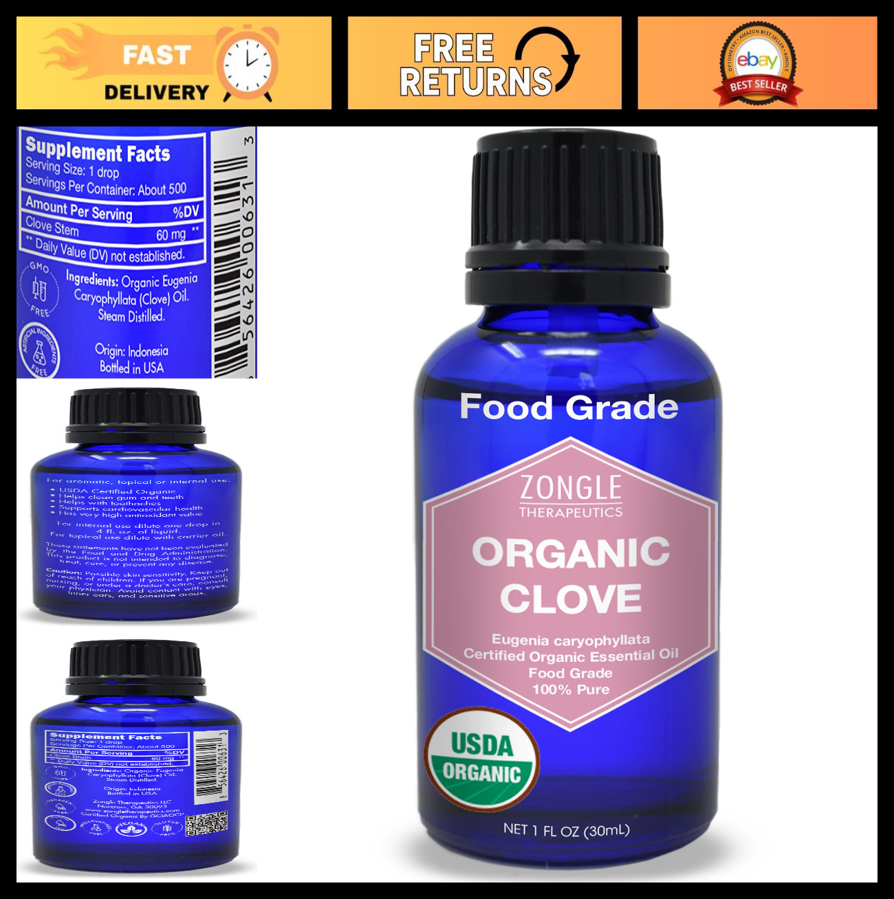 100% Pure Organic Clove Oil – Food Grade Essential Oil, 1 OZ – Natural Aromather