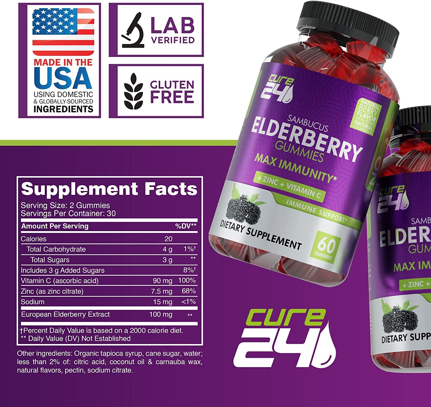 Cure24 Sambucus Natural Elderberry Gummies Zinc and Vitamin C,Kids & Adults 60