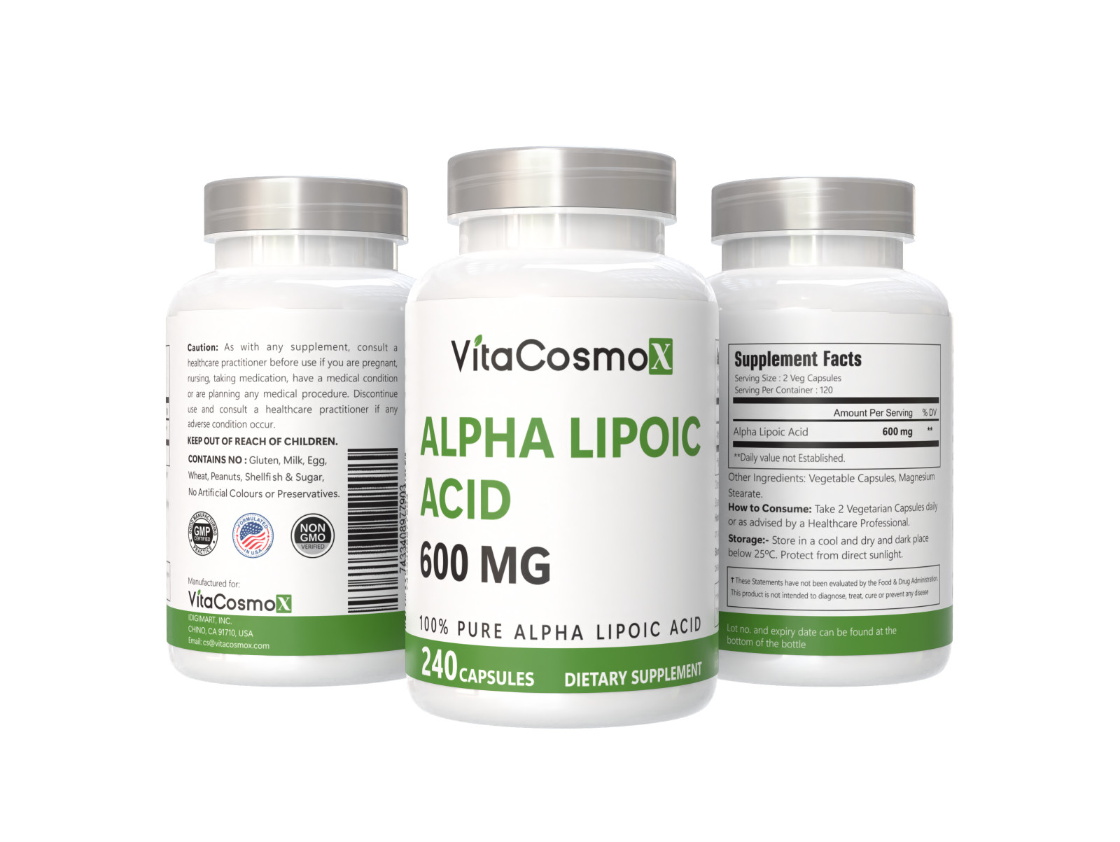 VitaCosmoX Alpha Lipoic Acid (ALA) 600mg Per Serv 240 Vegetable Caps Antioxidant