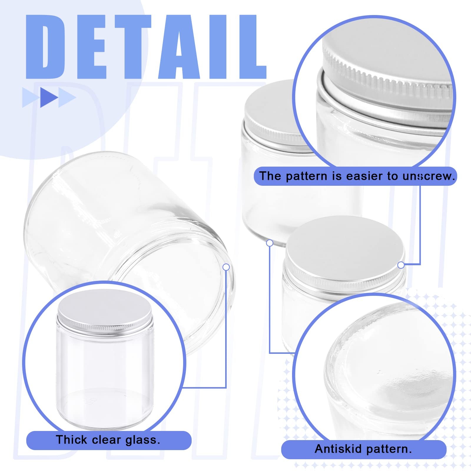 12 Pack 2oz 4oz 8oz Glass Jars with Lids Round Clear Inner Liner and Silver