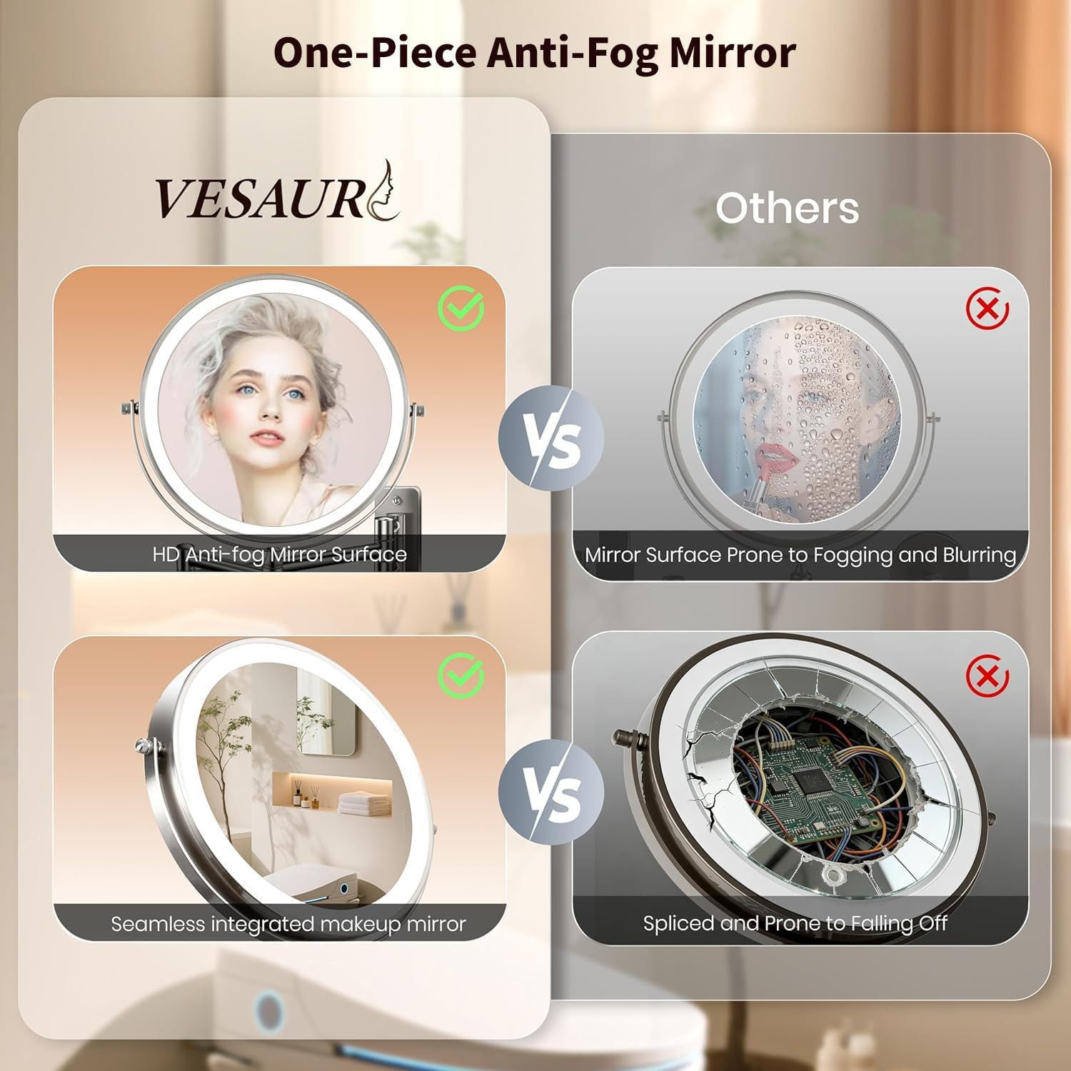 8.5″ Wall Mounted Lighted Makeup Mirror, 3000 Mah Rechargeable Double-Sided 1X 1