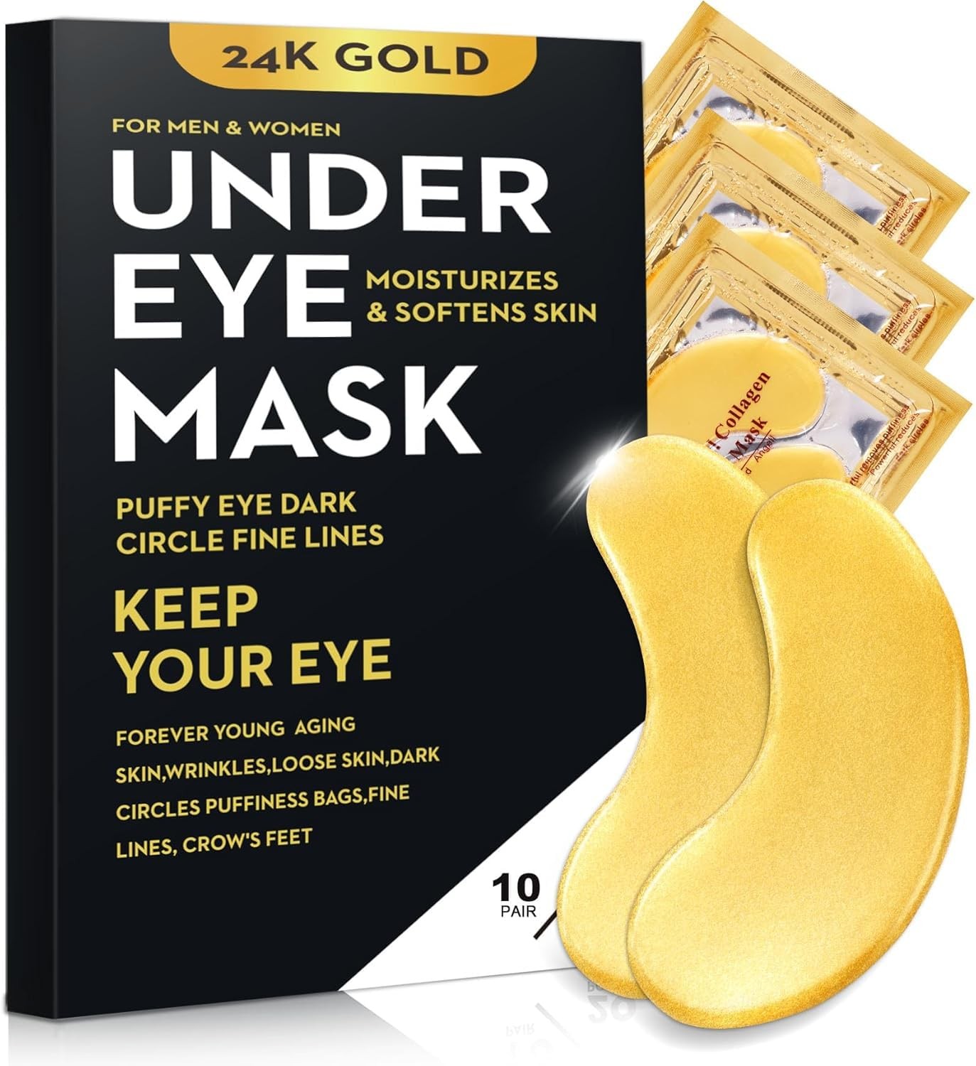 Bukamkom 20Pcs/10Pairs Under Eye Patches Gold For Dark Circles Puffy Eyes And