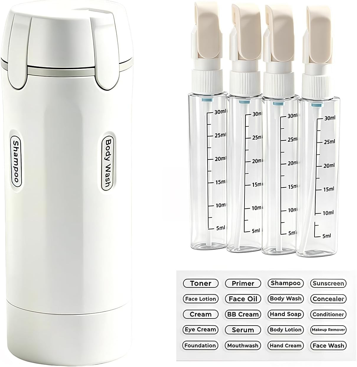4 in 1 Travel Dispenser Bottle Leakproof TSA Pump 4x30ml Toiletry Set White