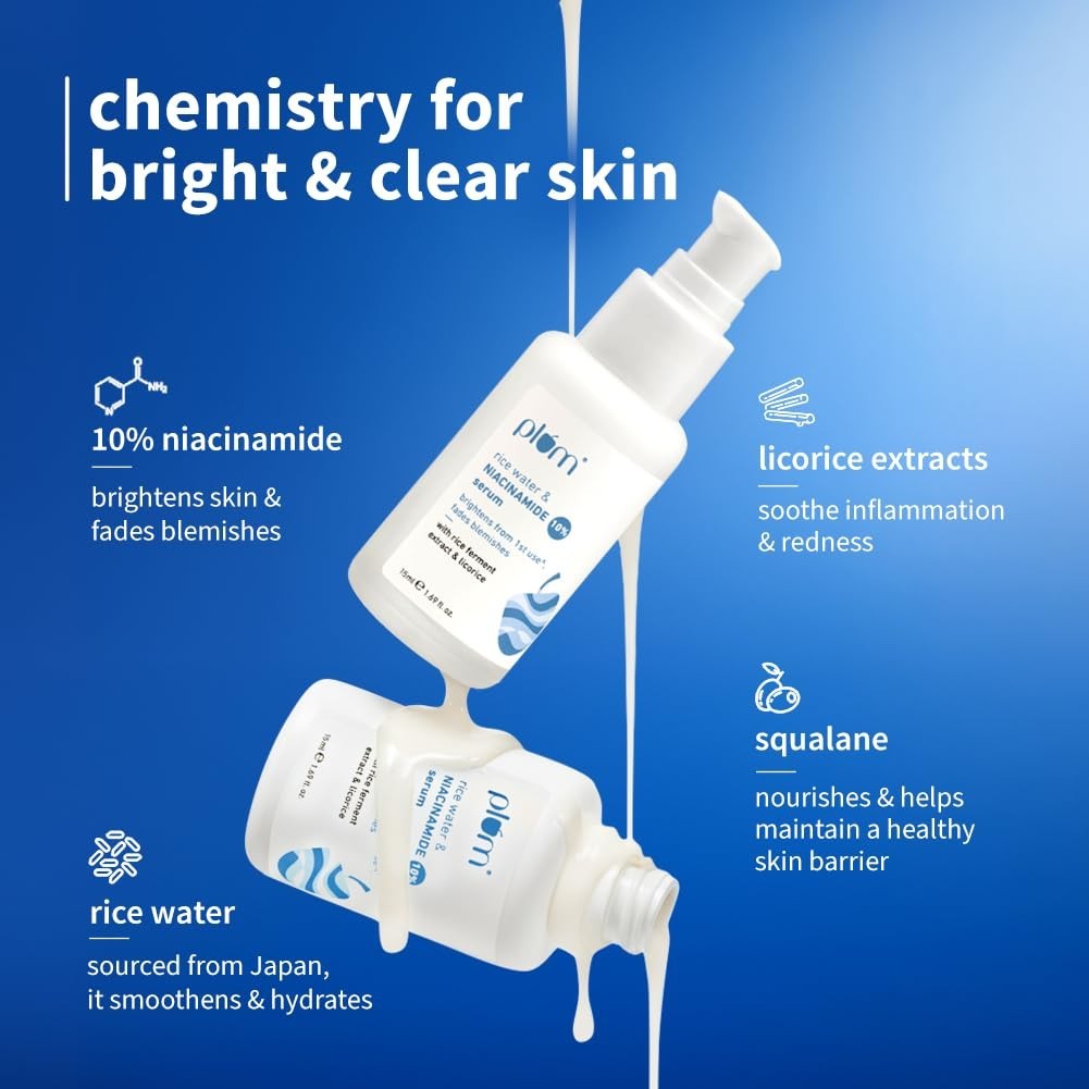 Plum 10% Niacinamide Serum with Rice Water |Provides Clear, Glowing &Bright 15ml