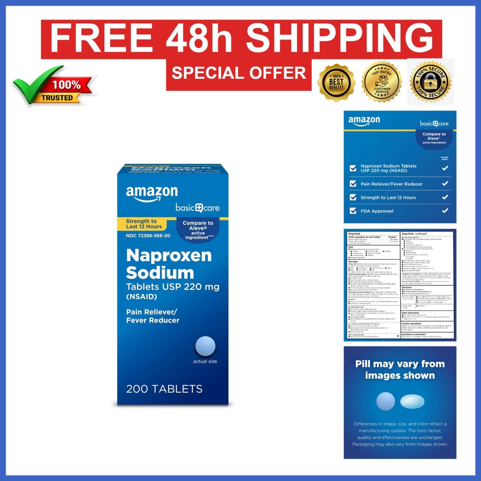 Amazon Basic Care Naproxen Sodium Tablets 220 mg Pain Reliever 200 Count