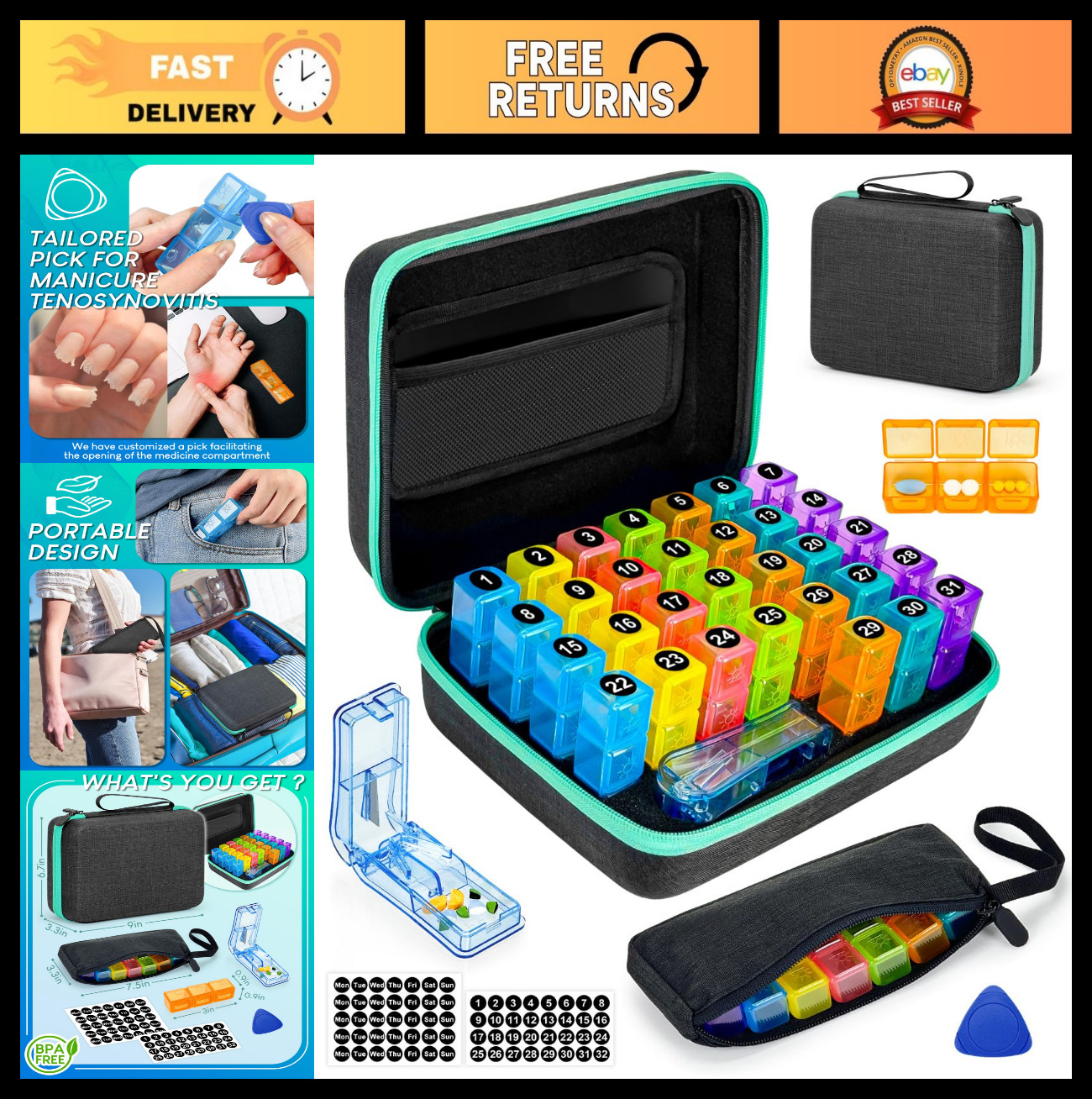 31-Day Pill Organizer with Cutter & Stickers, Portable Hard Shell, 3x Daily Use