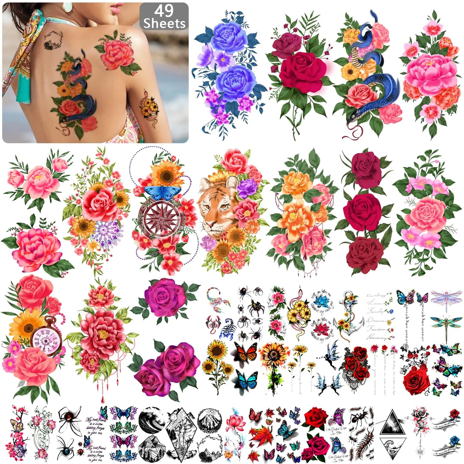 Yazhiji 49 Sheets Temporary Tattoos for Women and Men 3D Extra Large Waterproof