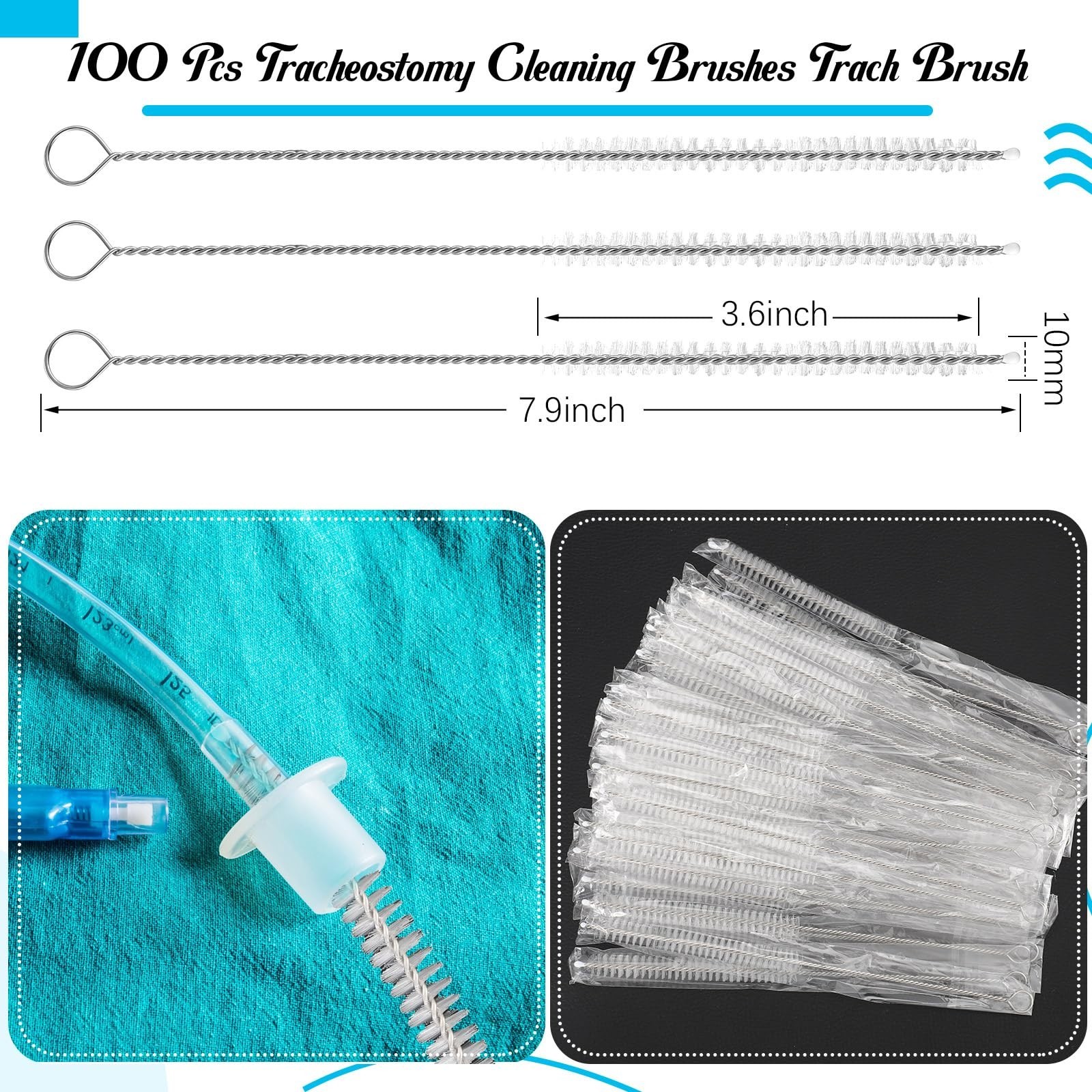 100 Pcs Tracheostomy Cleaning Brushes – Nylon Bristle Trach Tube Cleaner 10mm