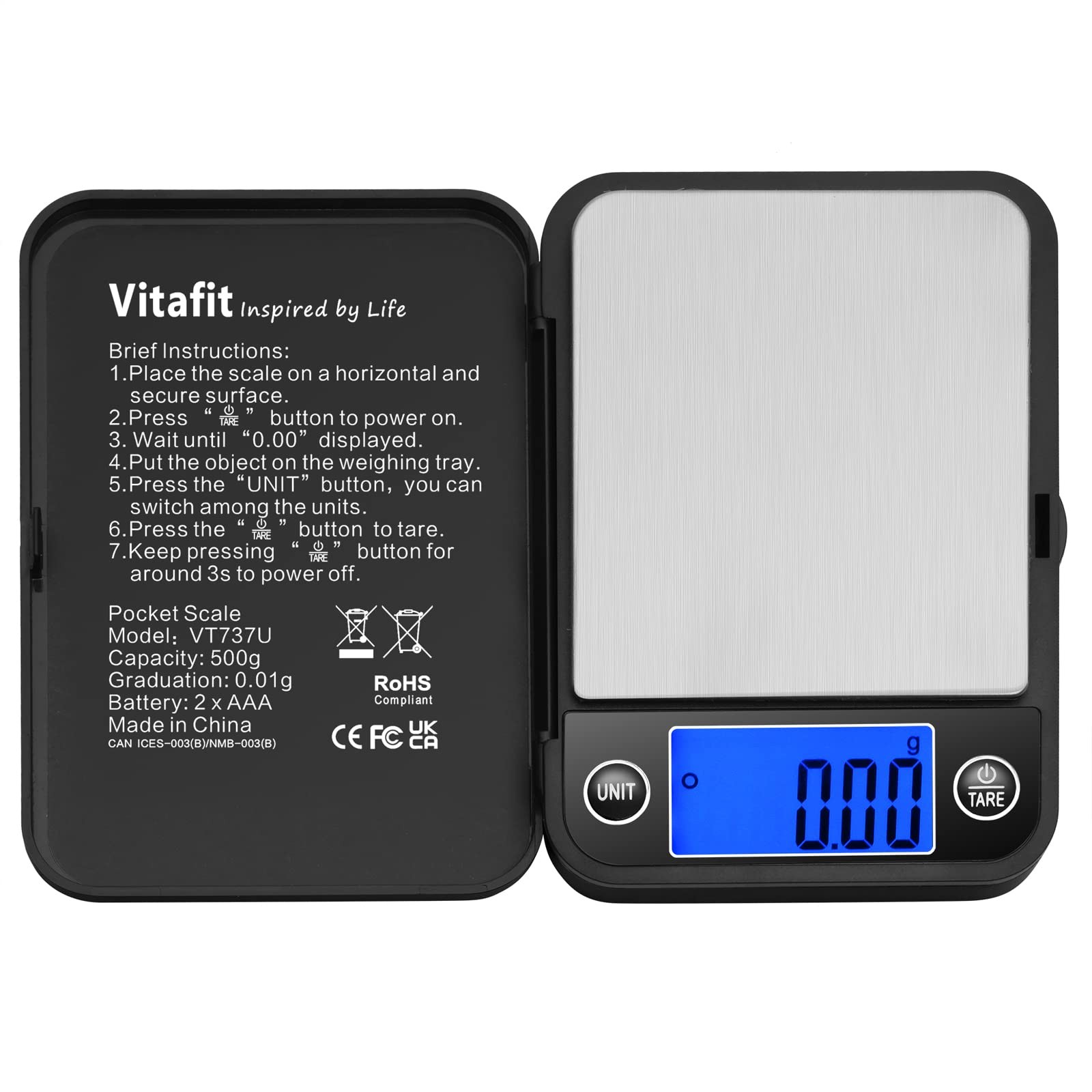 Vitafit 500g Digital Pocket Scale,High 4.33″L x 3.35″W x 0.79″H, Black